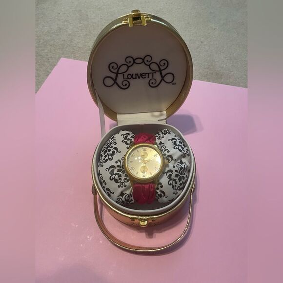Louvett Pink Satin Fabric Watch Gold Tone NWT Includes Gold Box Case - Picture 2 of 13